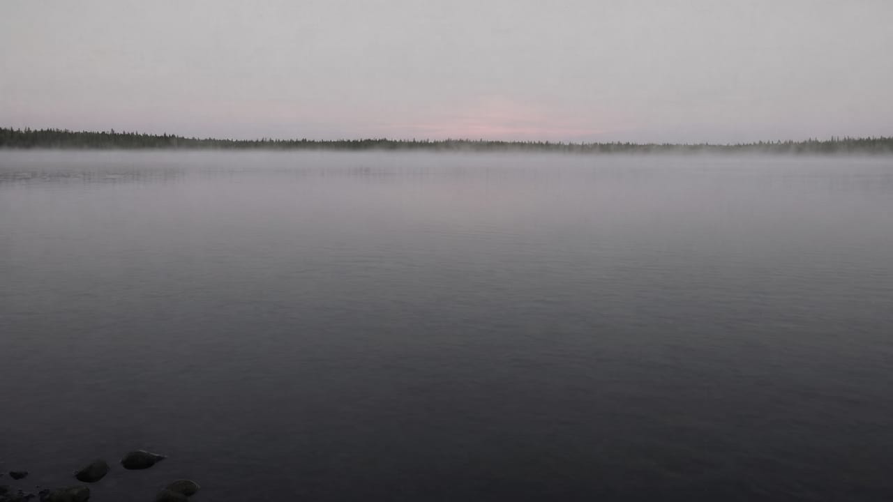 Озеро до рассвета: полоса тумана над тёмной водой, лес на том берегу